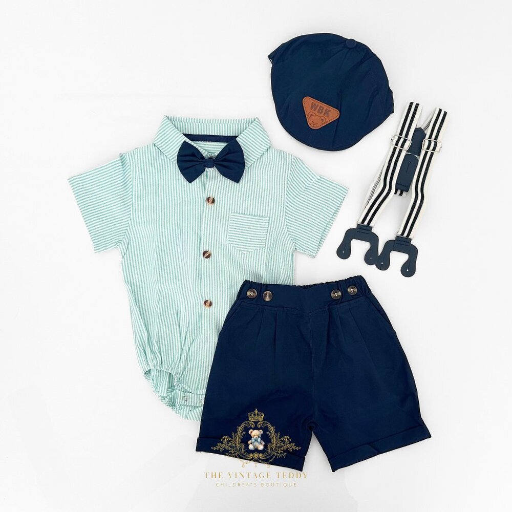NWT Handsome Boys Oxford Button Down Onesie One-Piece & Shorts Matching Set 3-6M